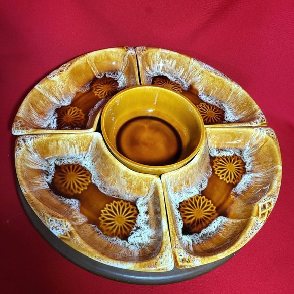 VTG Wade California Serving Set Lazy Susan Server Caramel Appetizer Dishes 6 Pie - Picture 4 of 11